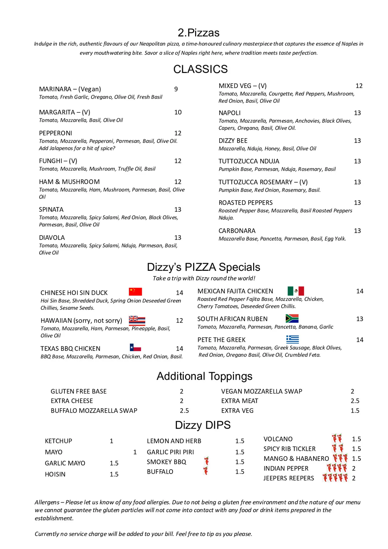 Dizzy Dough menu, page 2