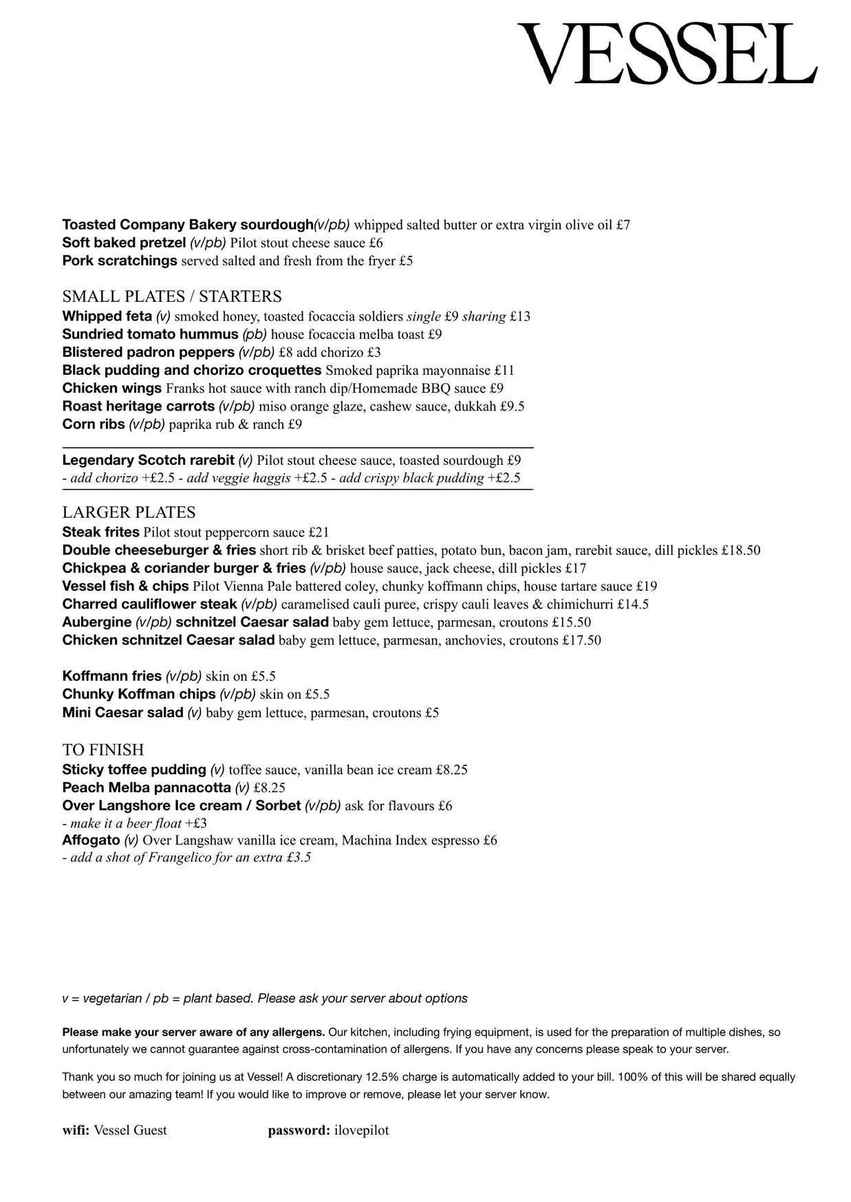 Vessel Bar menu, page 1