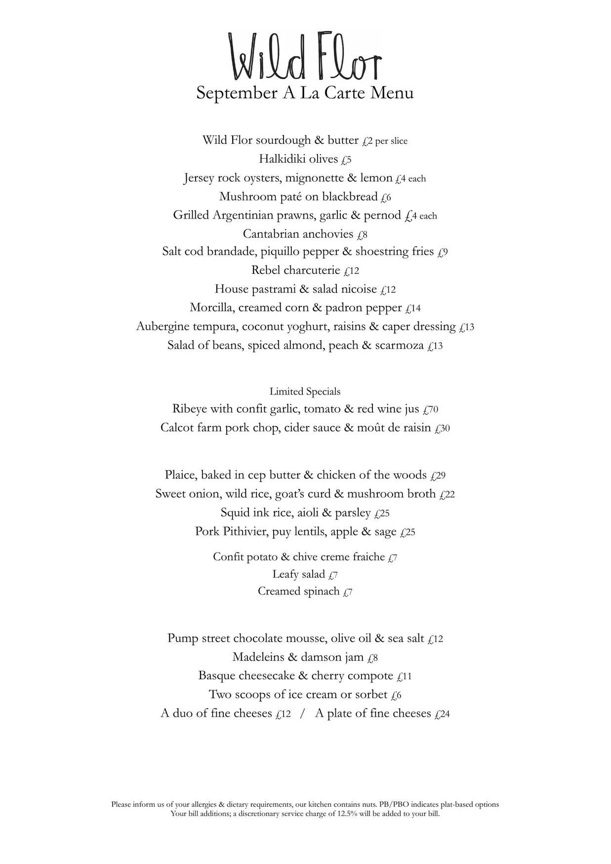 Wild Flor menu, page 1