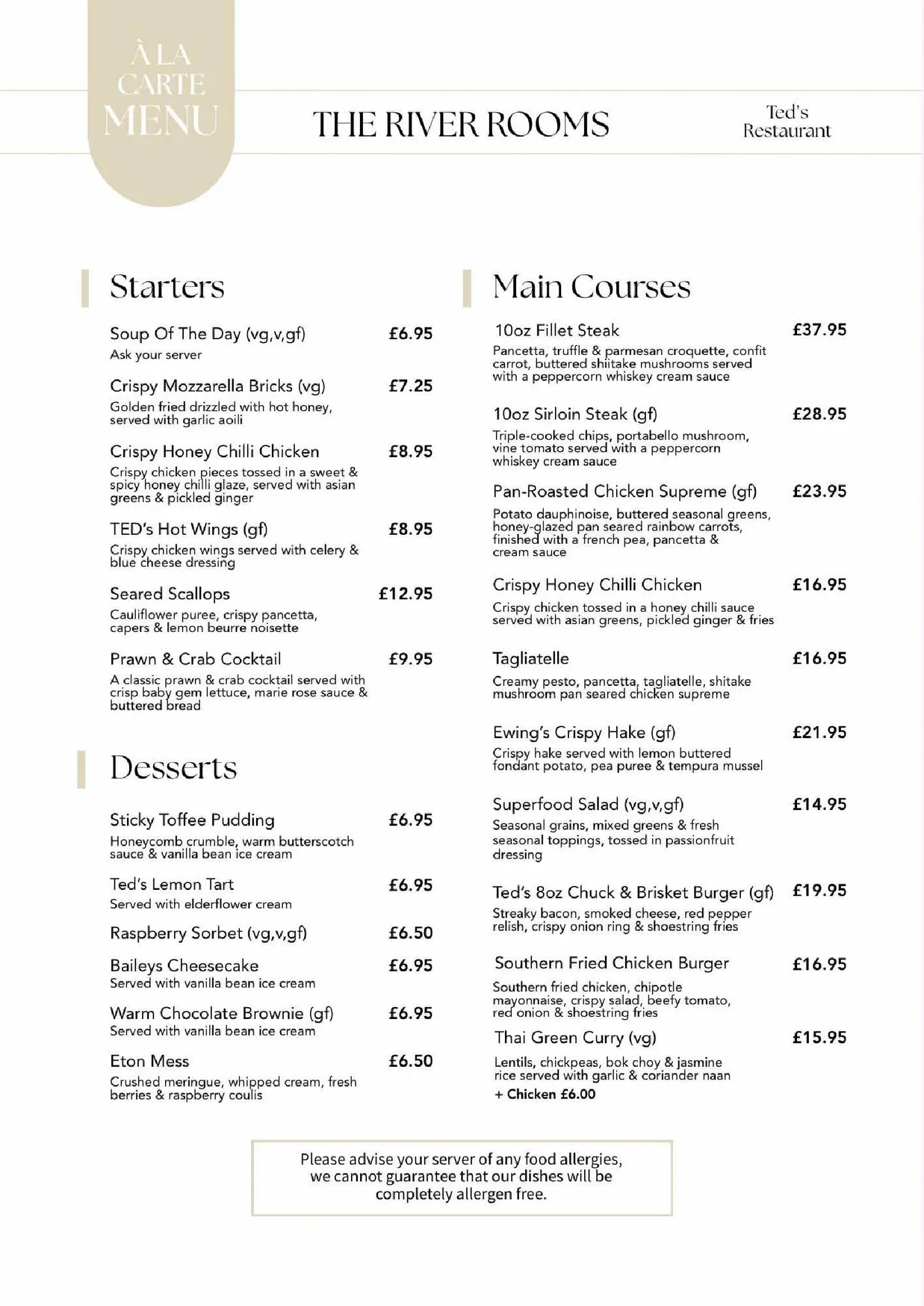 The River Rooms menu, page 1