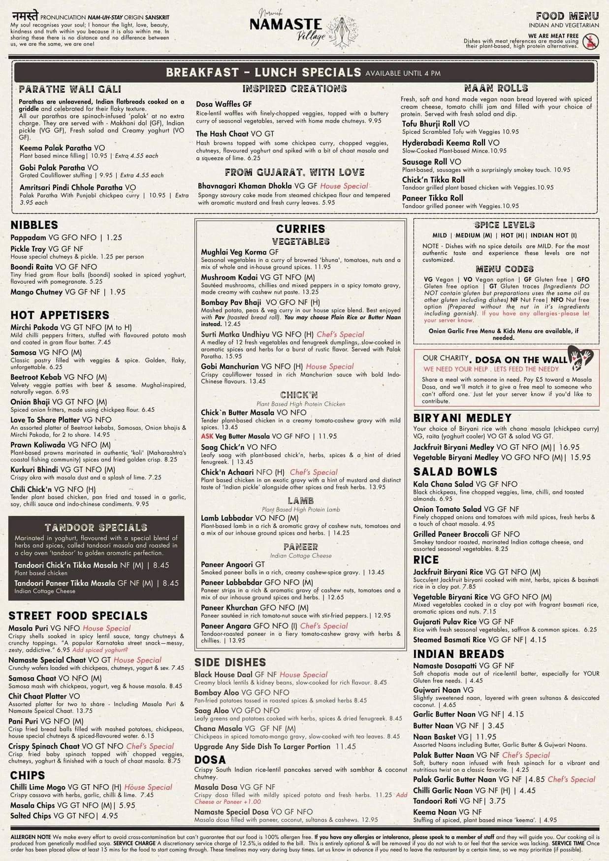 Namaste Village menu, page 1