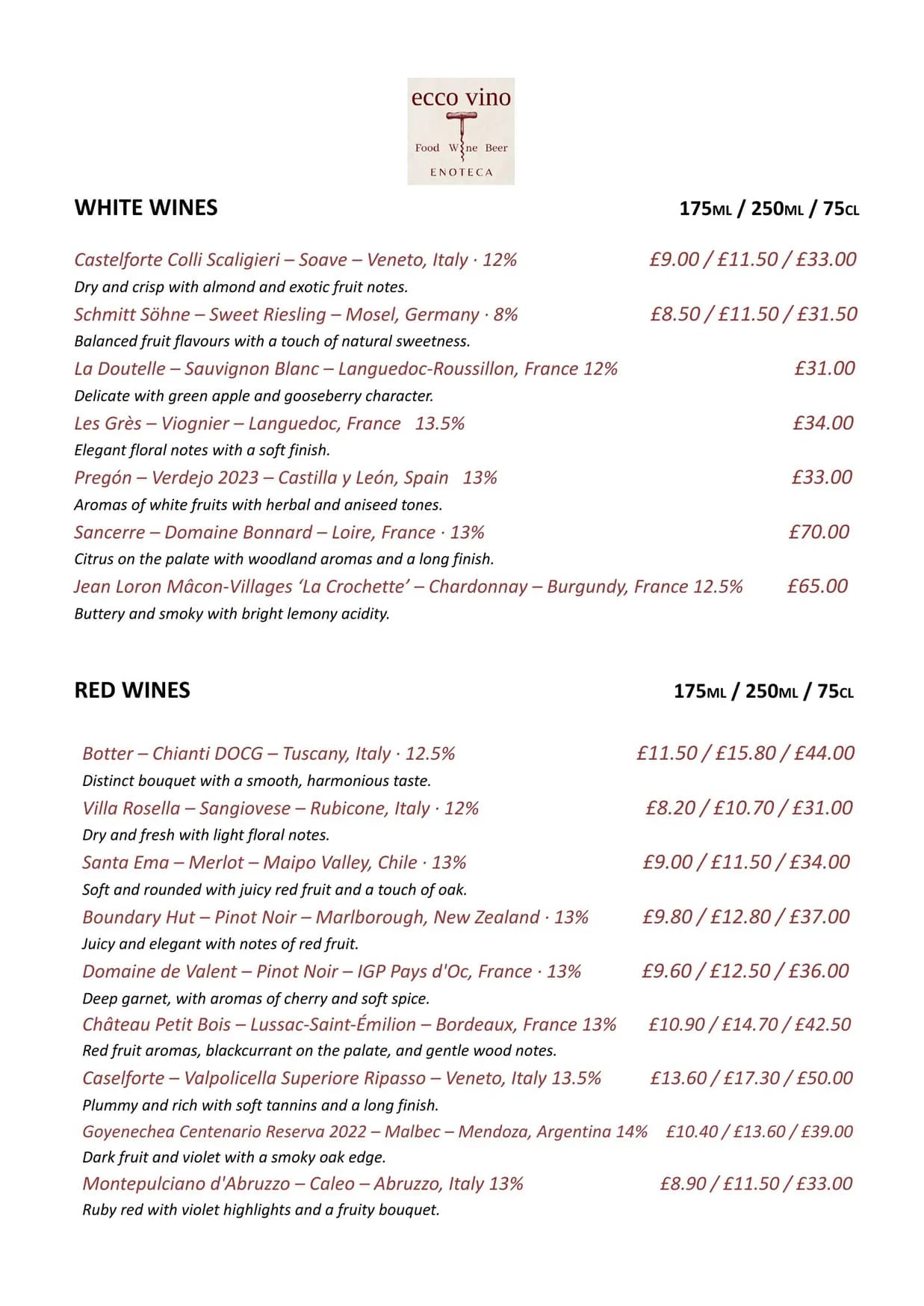 Ecco Vino menu, page 3
