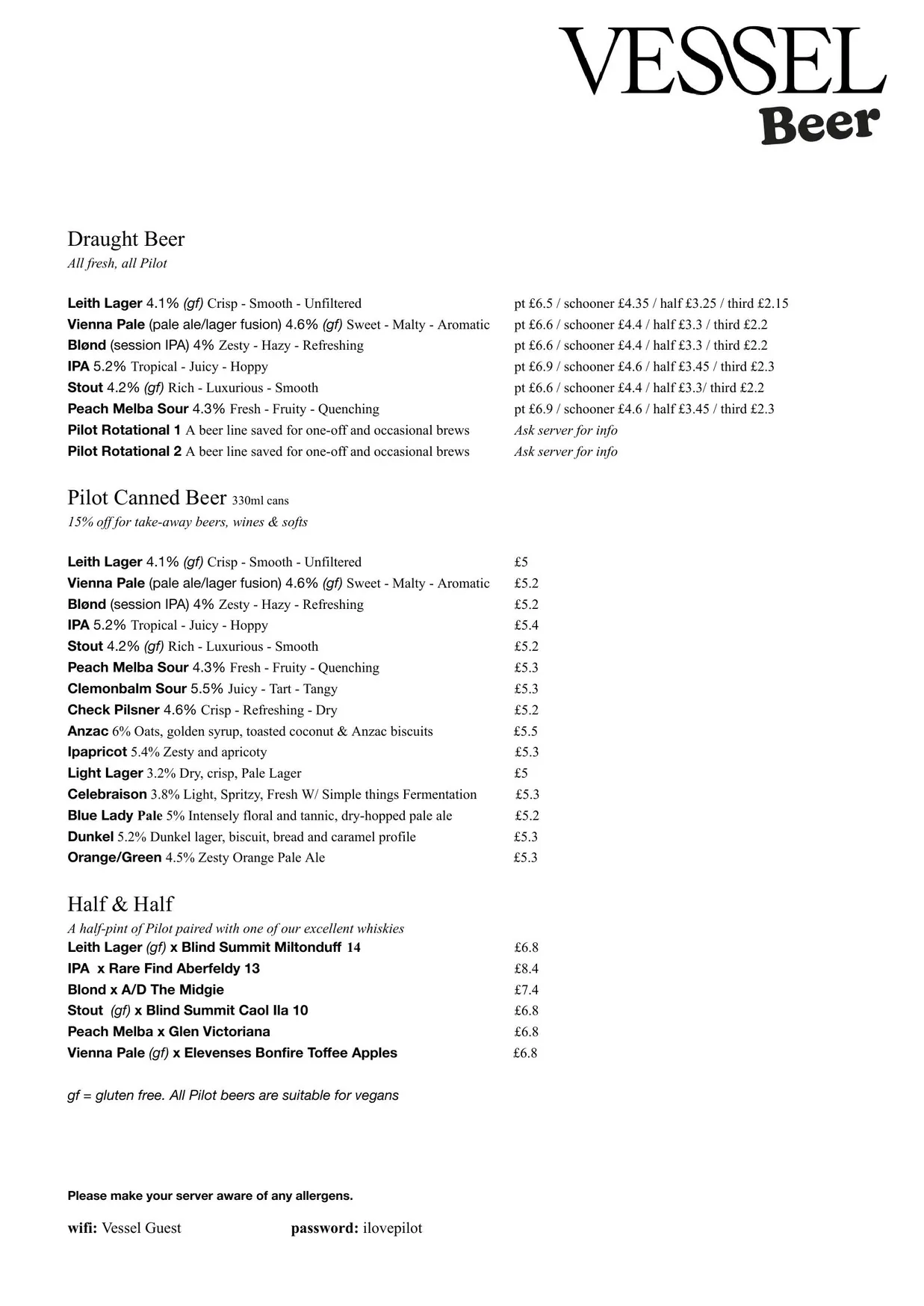 Vessel Bar menu, page 2