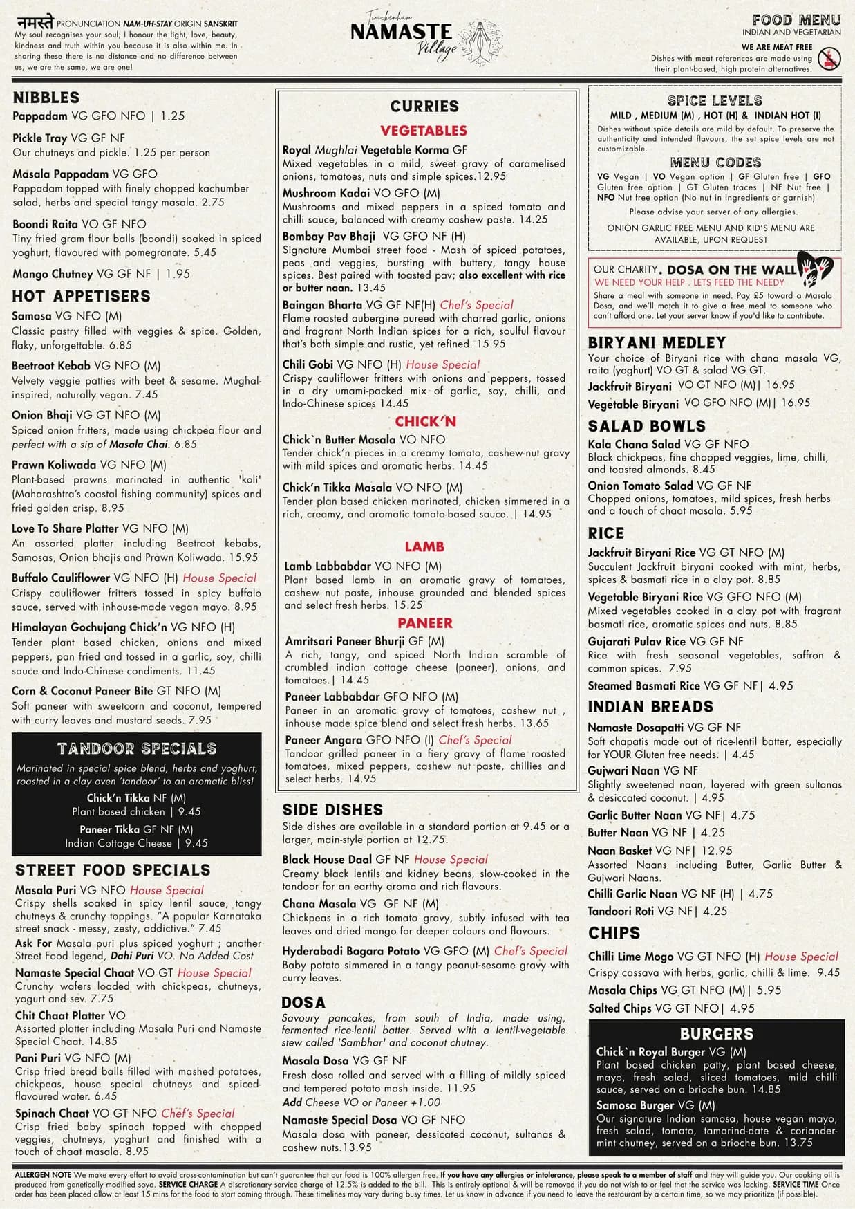 Namaste Village menu, page 1