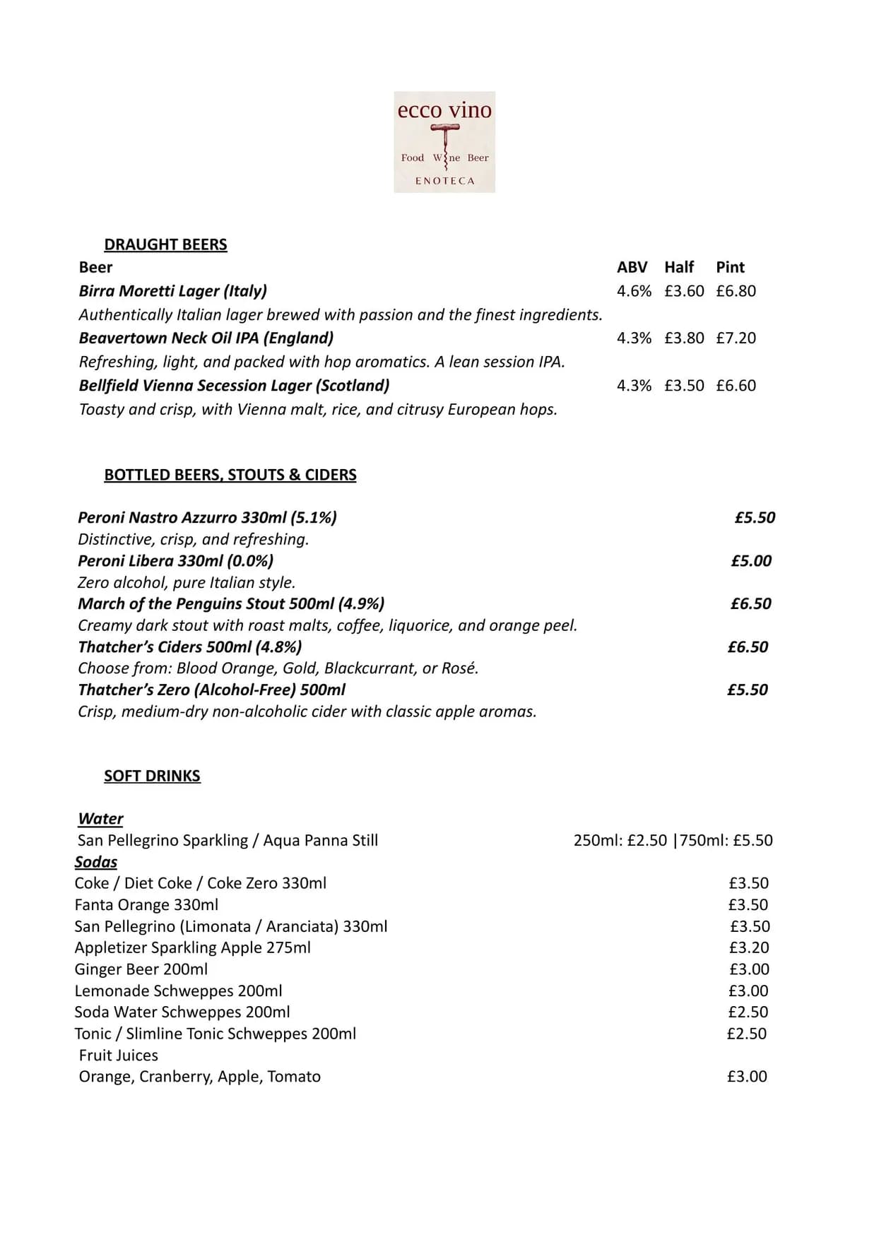 Ecco Vino menu, page 1