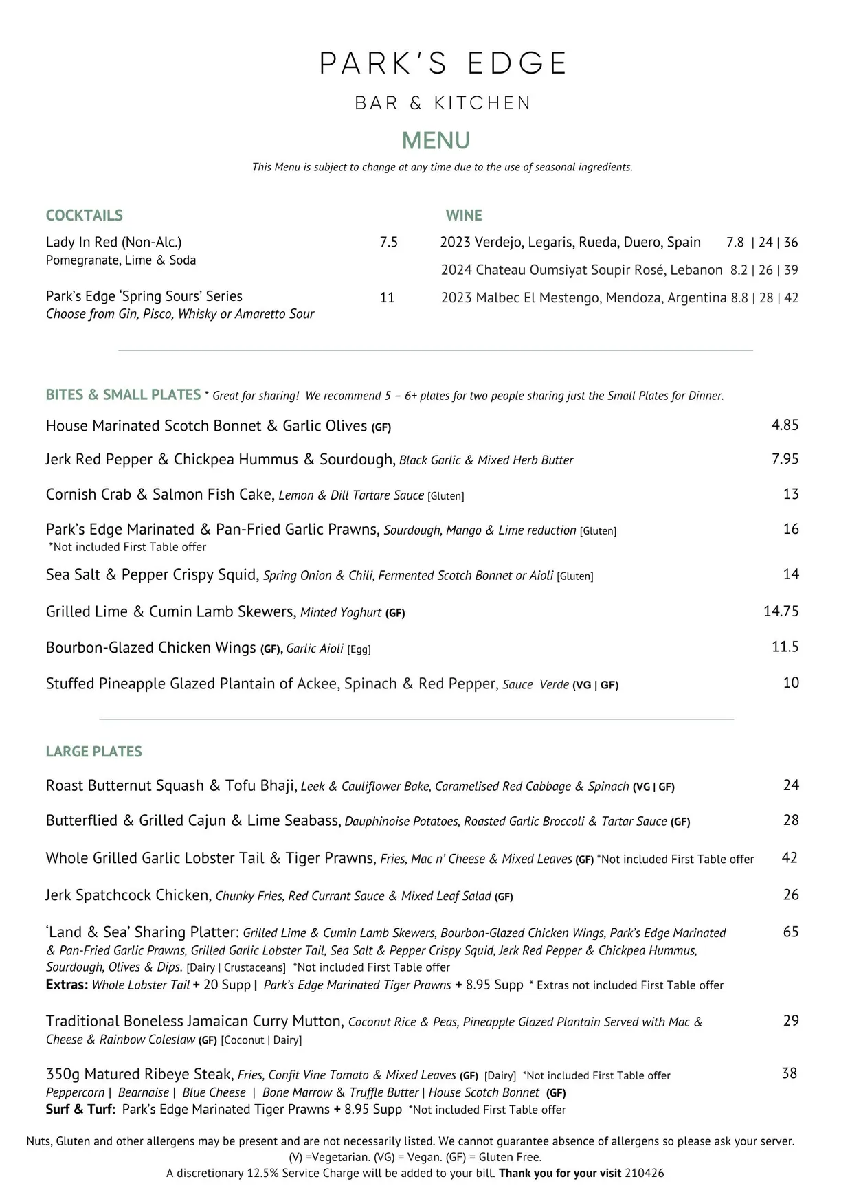 Park's Edge Bar & Kitchen menu, page 1