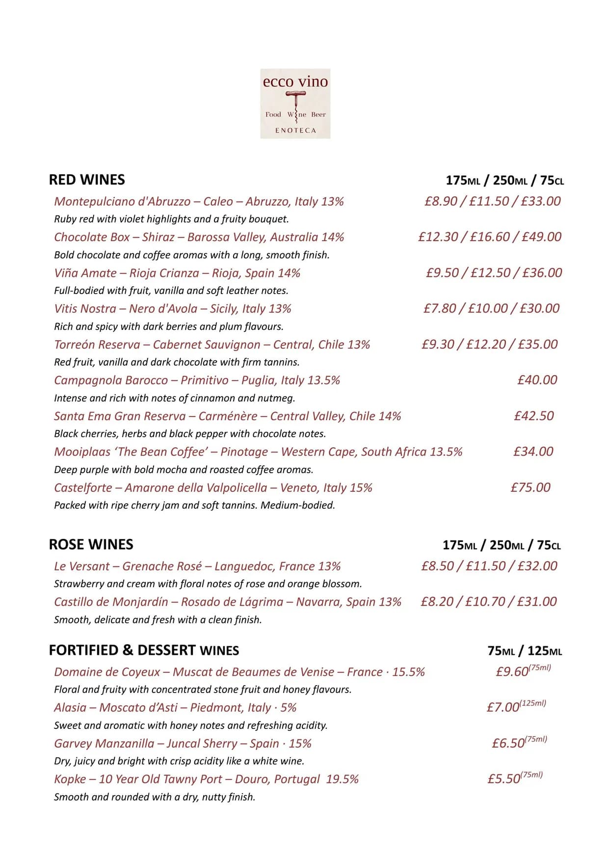 Ecco Vino menu, page 4