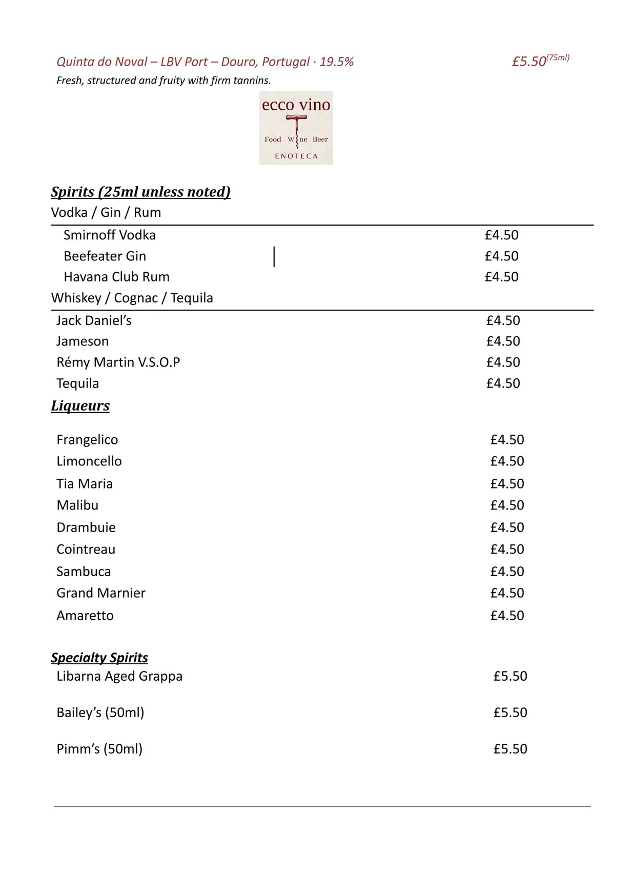 Ecco Vino menu, page 5