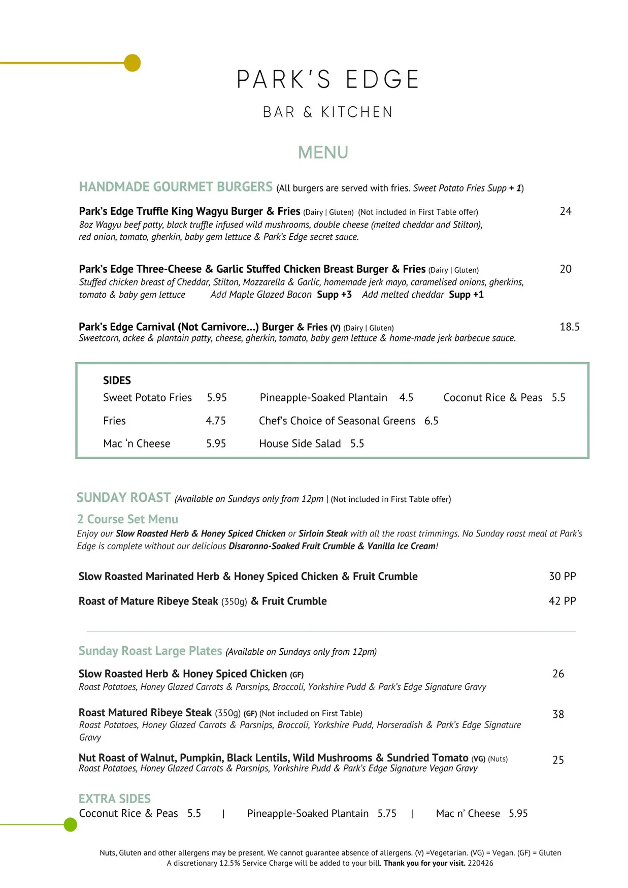 Park's Edge Bar & Kitchen menu, page 2