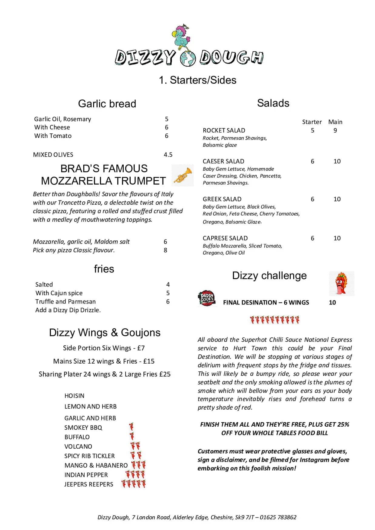 Dizzy Dough menu, page 1