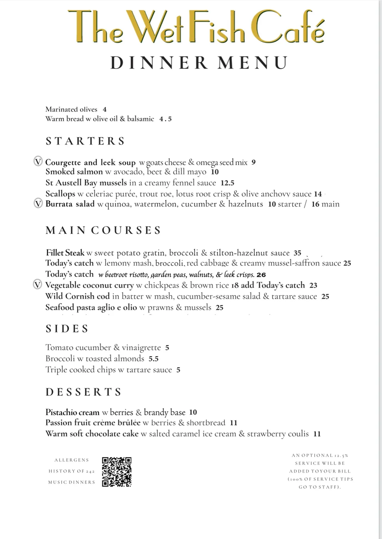 The Wet Fish Cafe menu, page 1