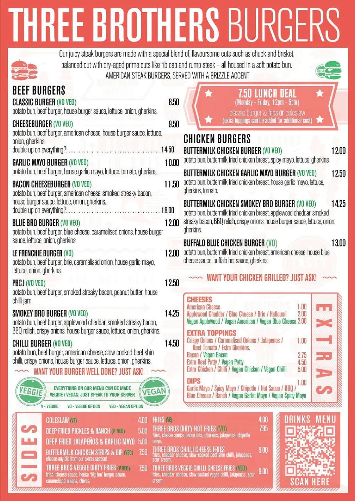 Three Brothers Burgers menu, page 1
