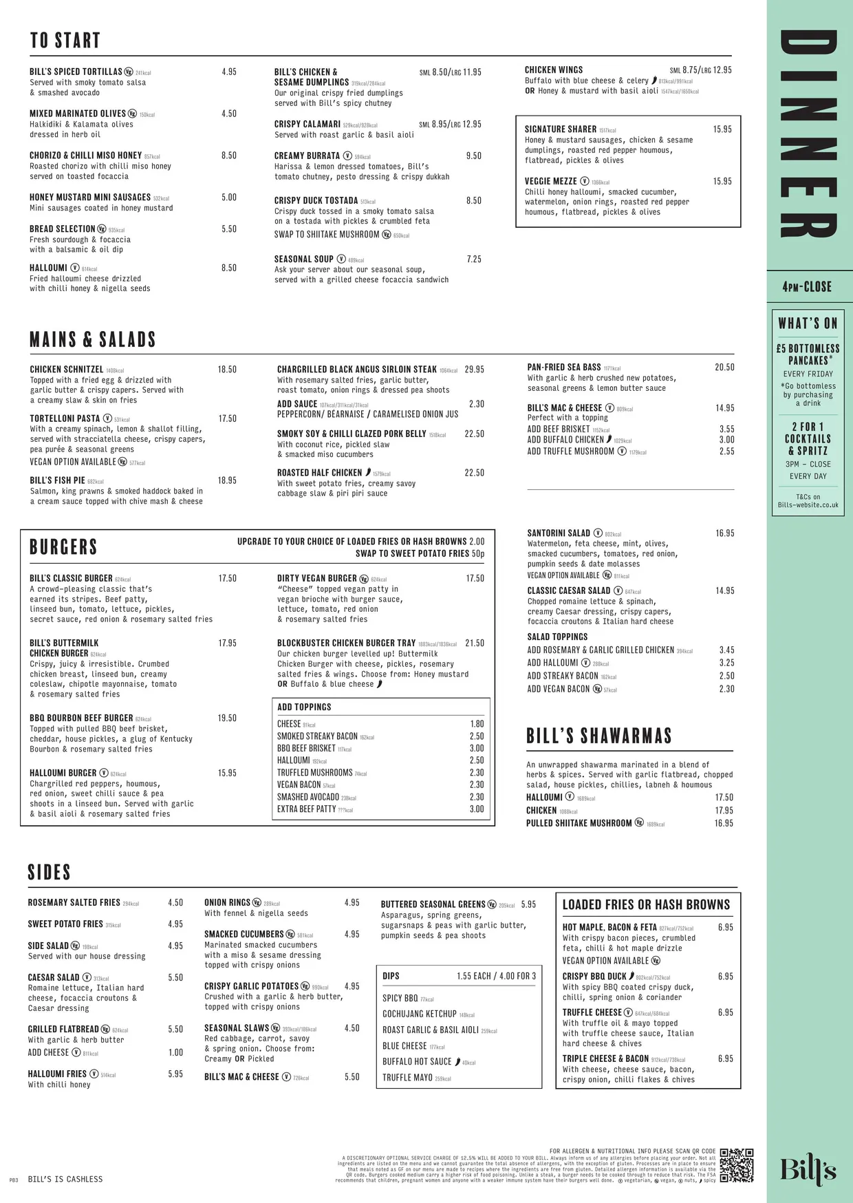 Bill's London Victoria menu, page 1