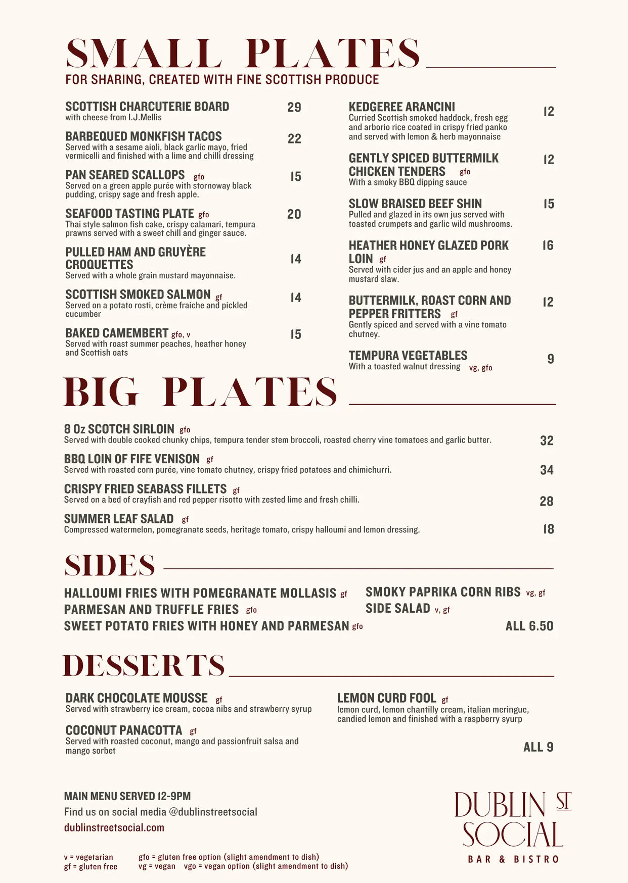 Dublin St Social menu, page 1