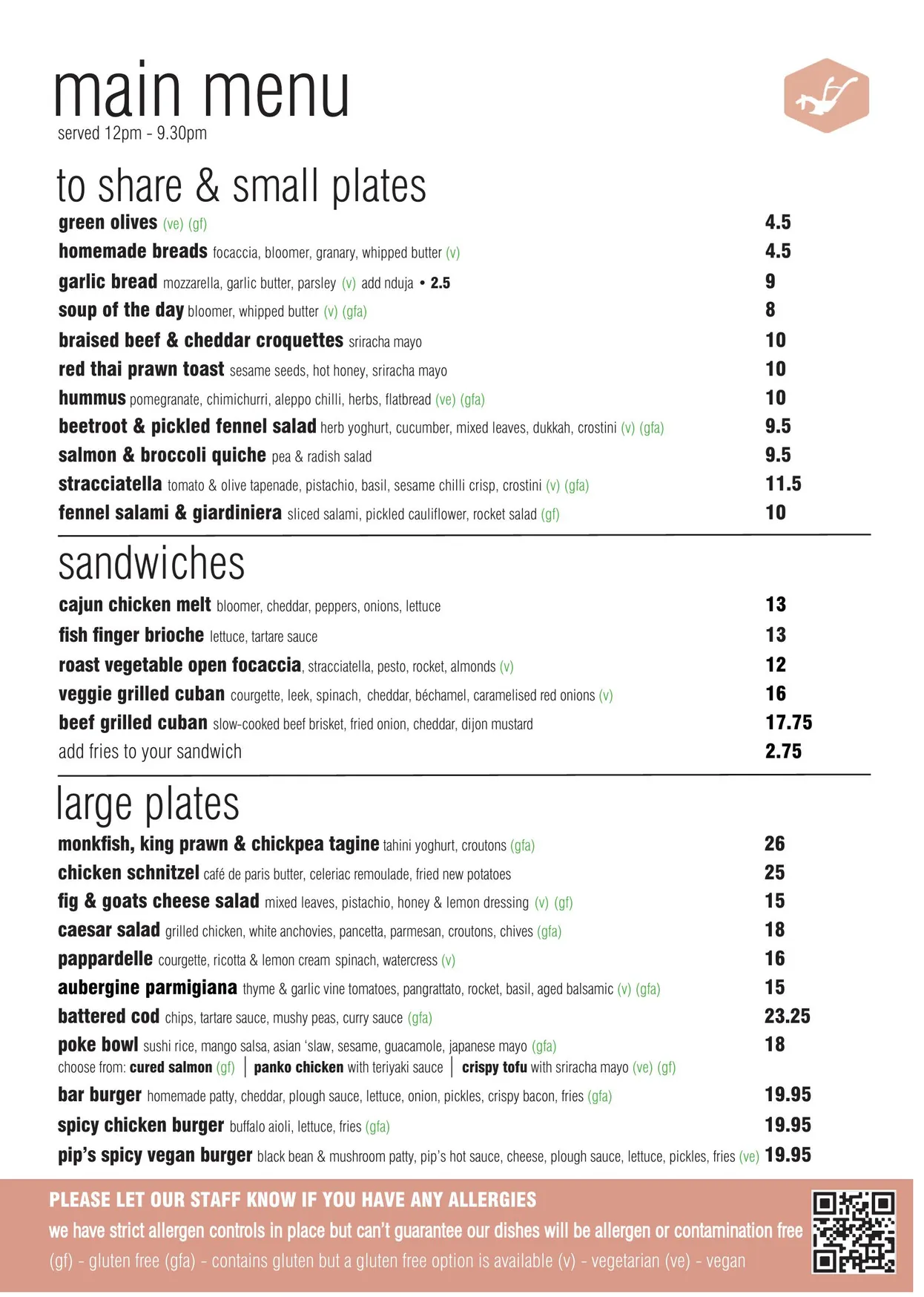 The Plough menu, page 3