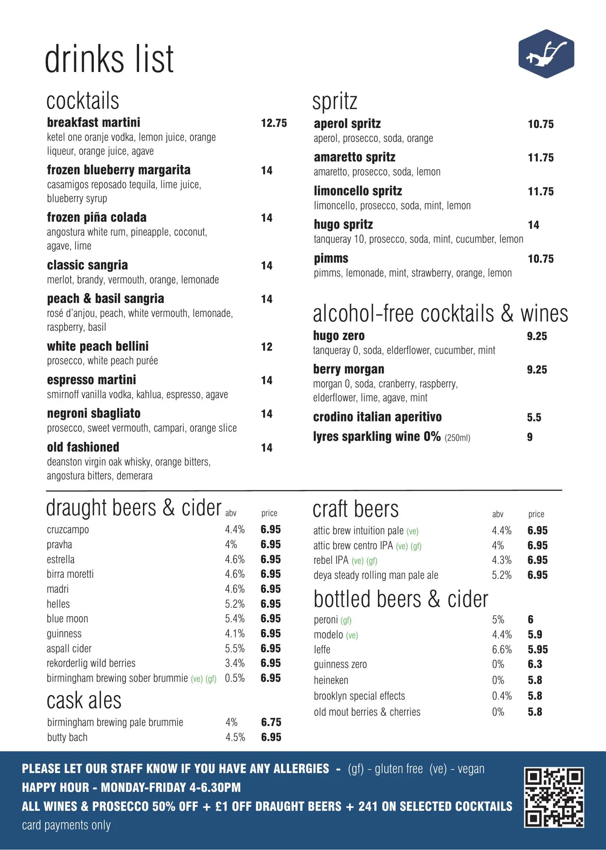 The Plough menu, page 9
