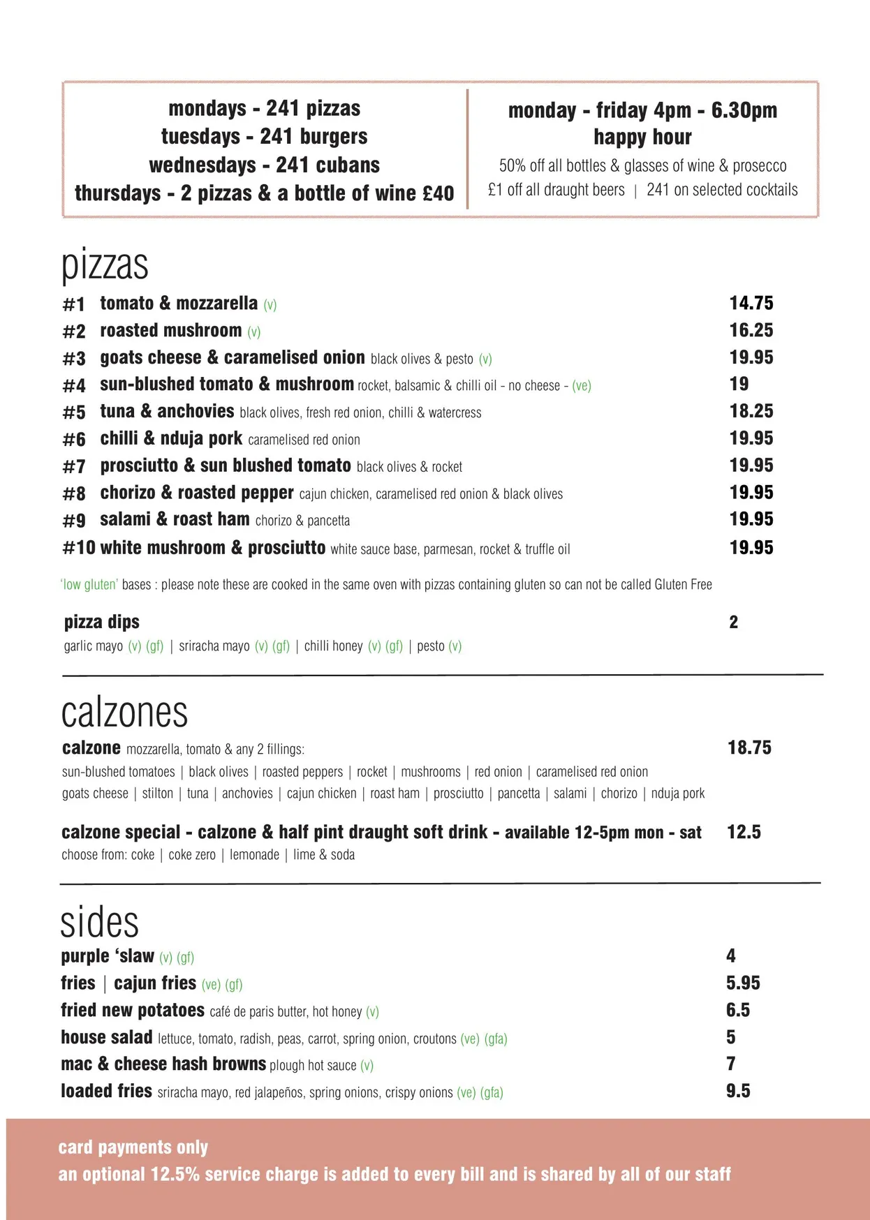 The Plough menu, page 4