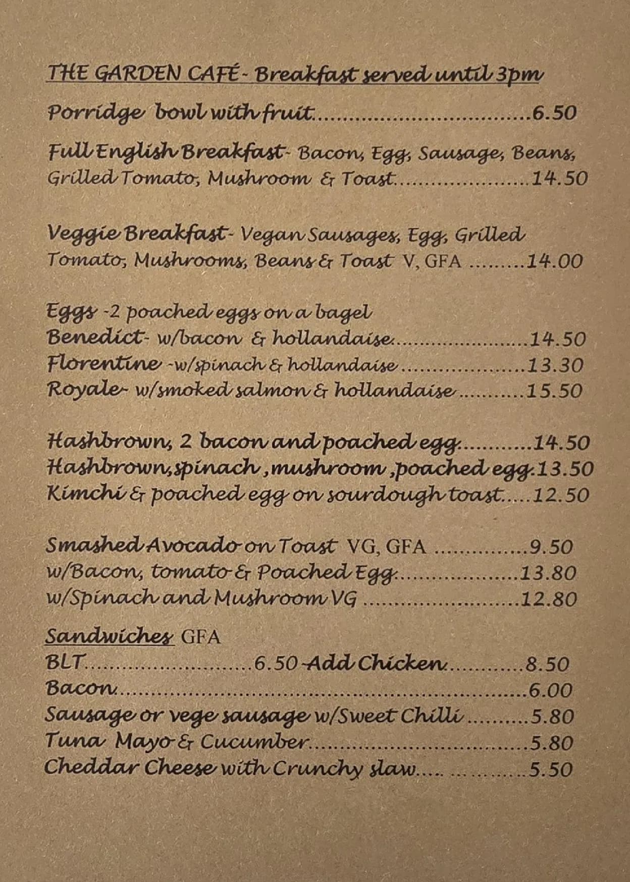 The Garden Cafe menu, page 1