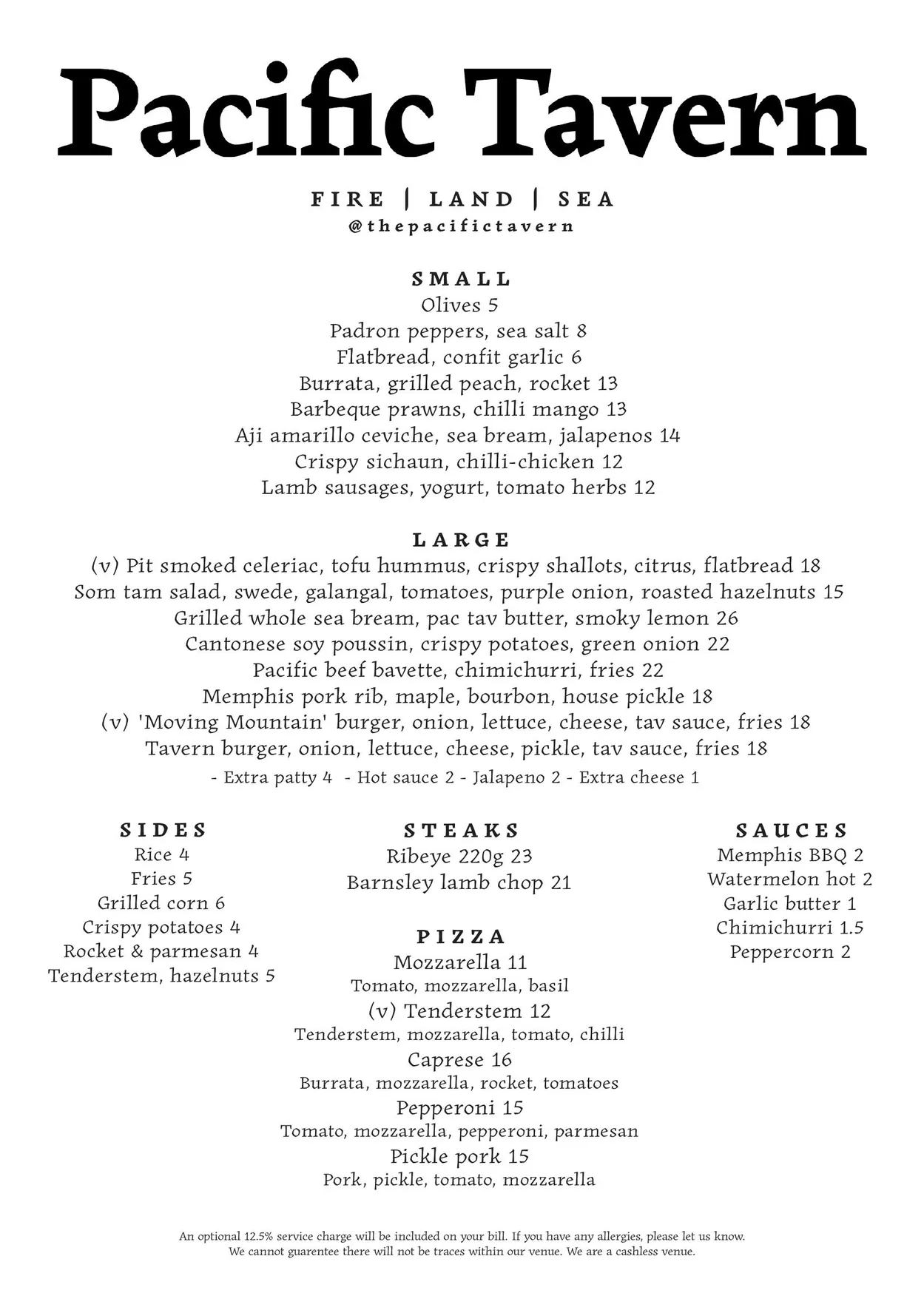 Pacific Tavern menu, page 1