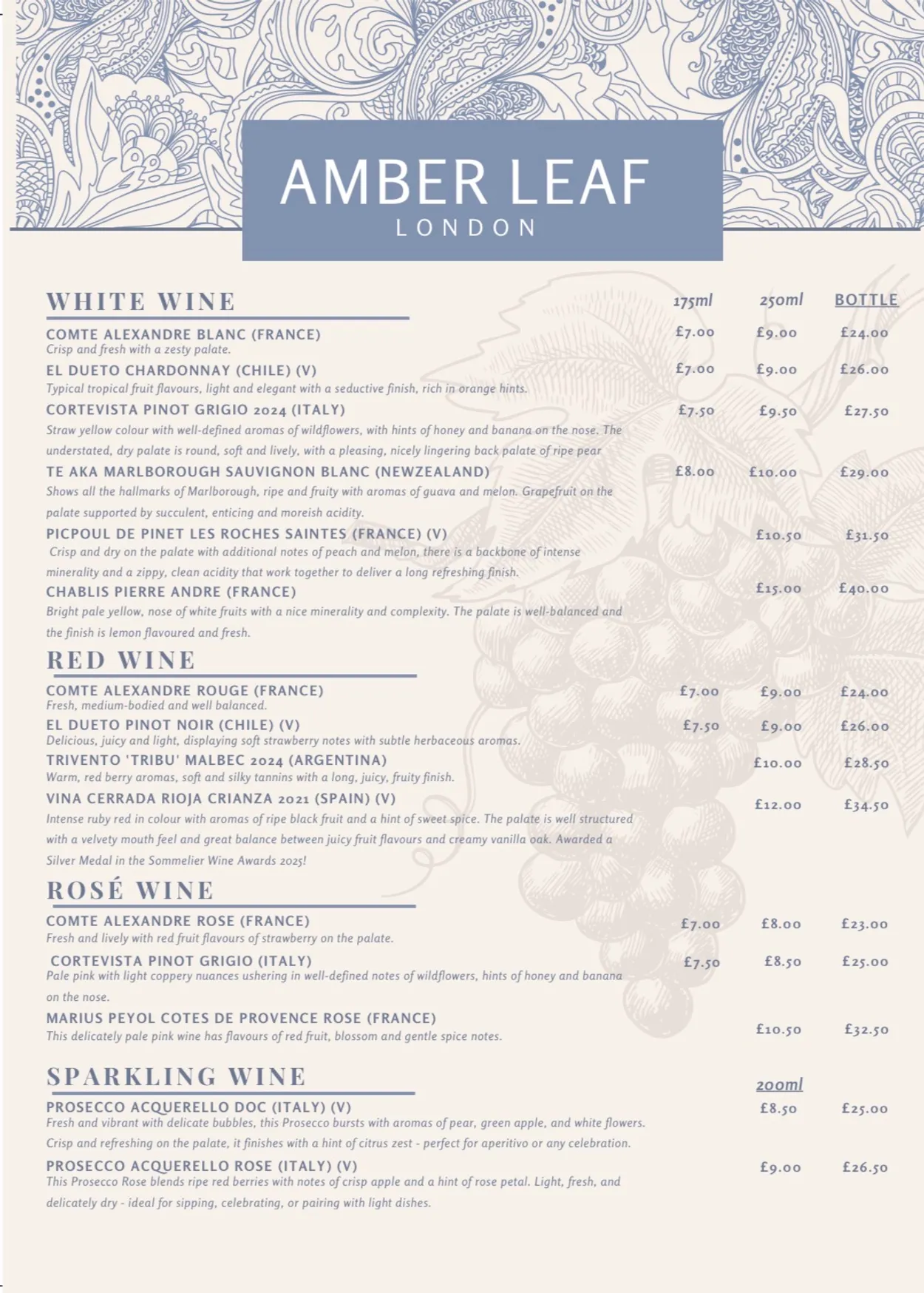 Amber Leaf menu, page 3