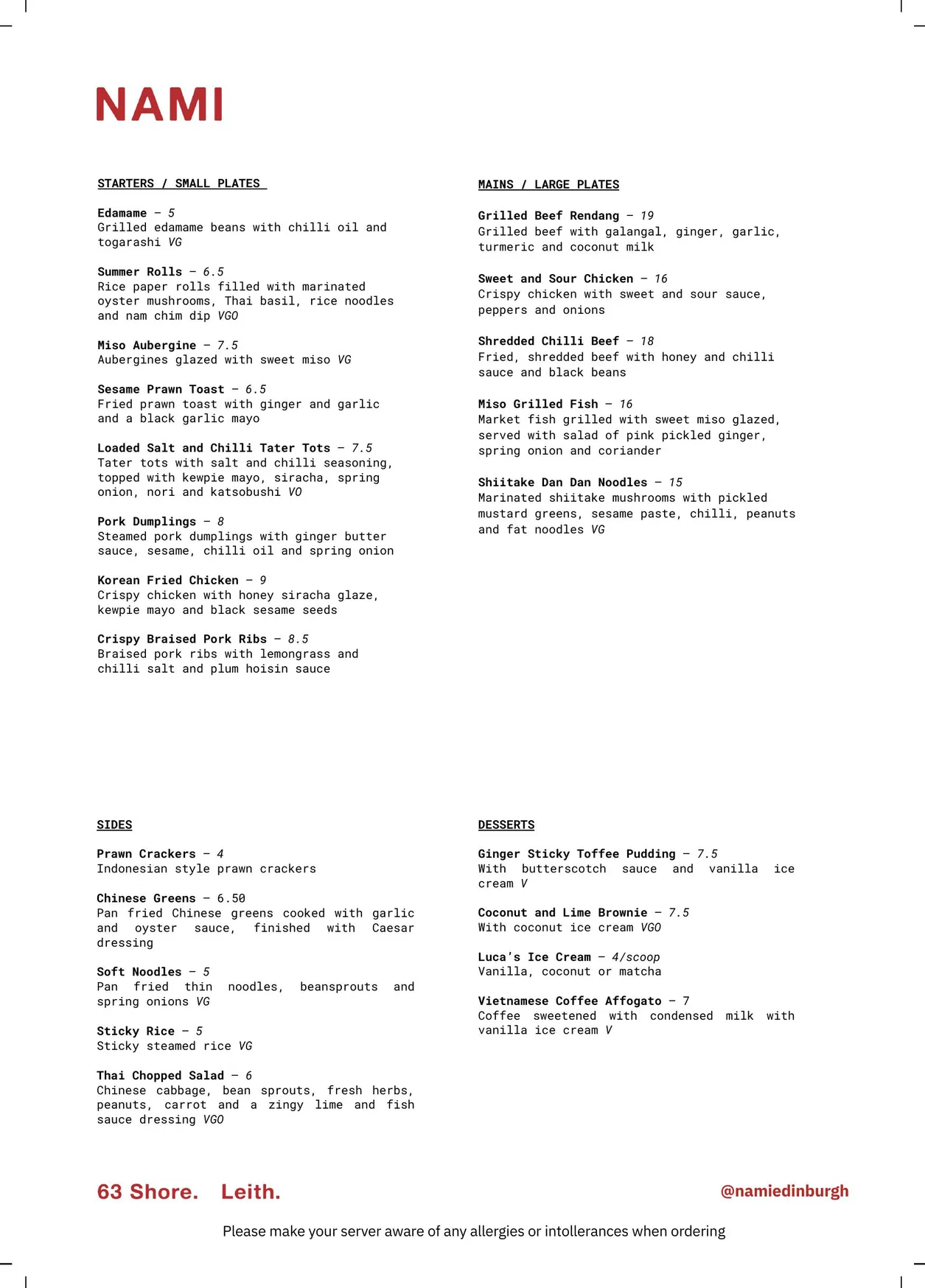 NAMI menu, page 1