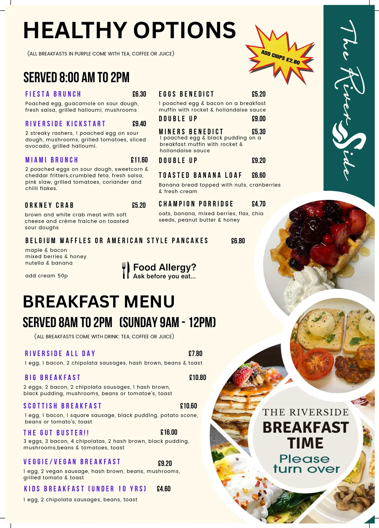 The Riverside Bistro menu, page 1