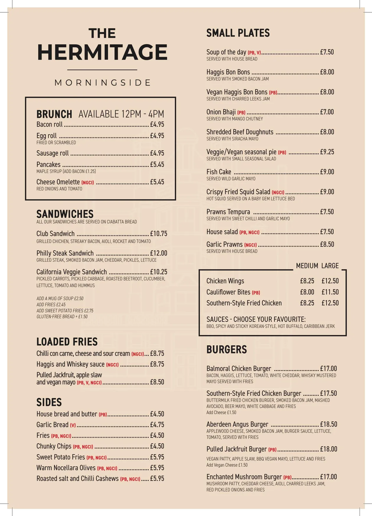 The Hermitage Bar menu, page 1