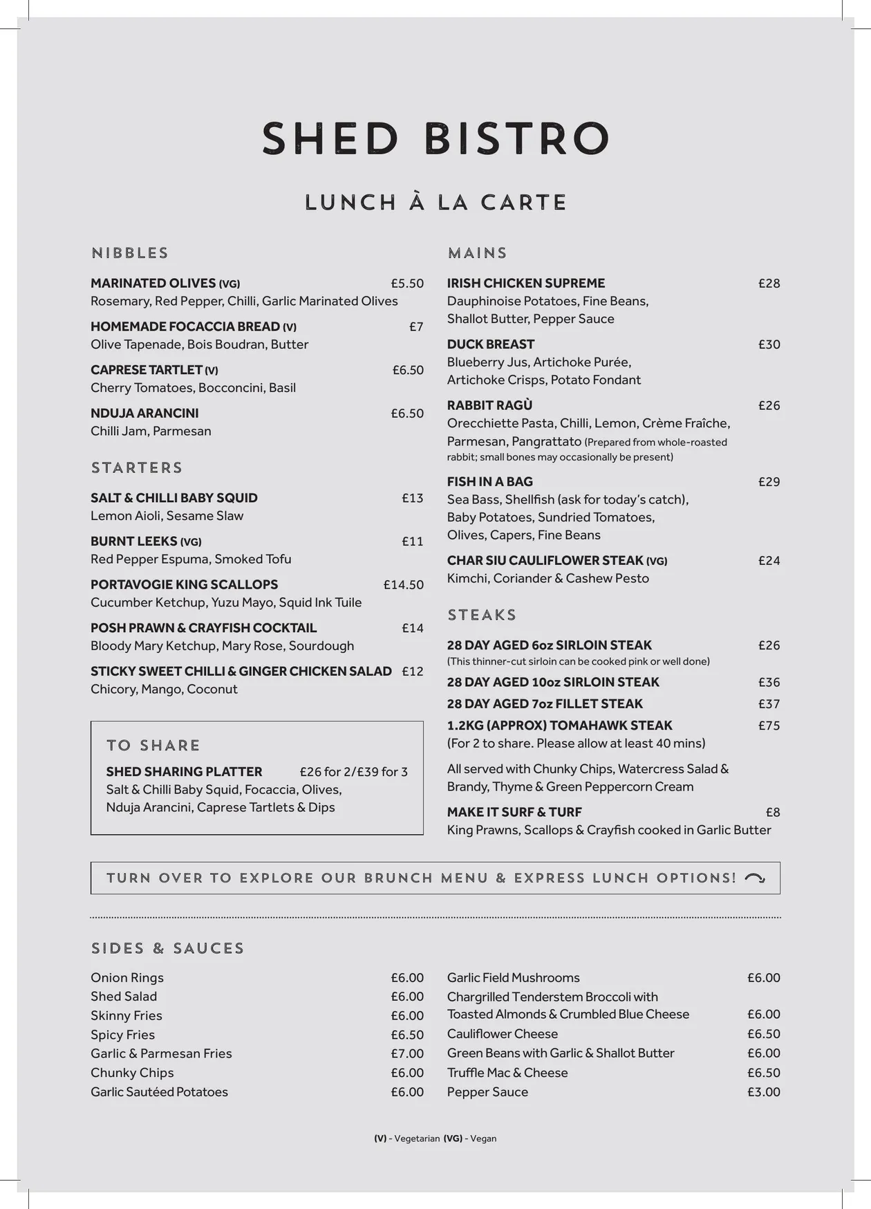 Shed Bistro menu, page 2