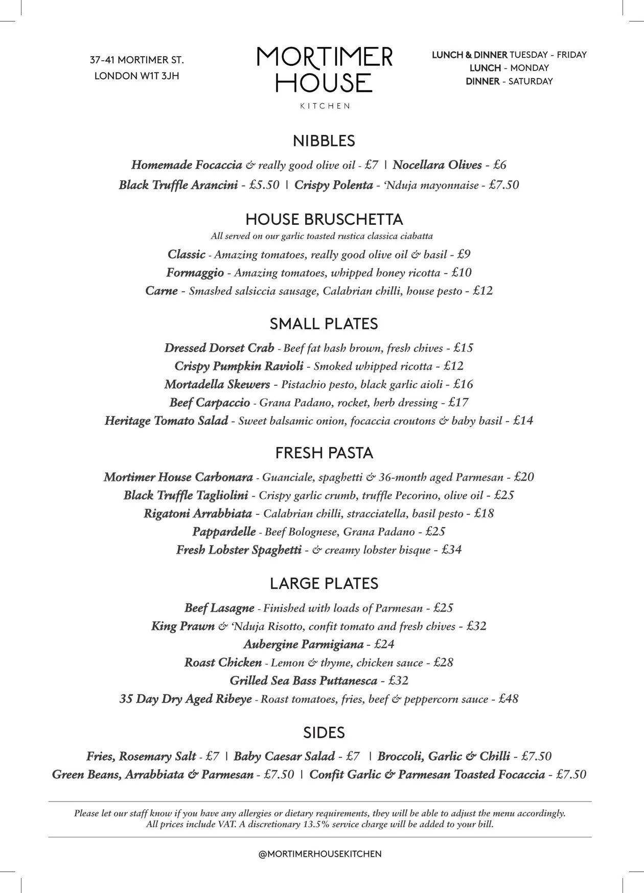 Mortimer House Kitchen menu, page 1
