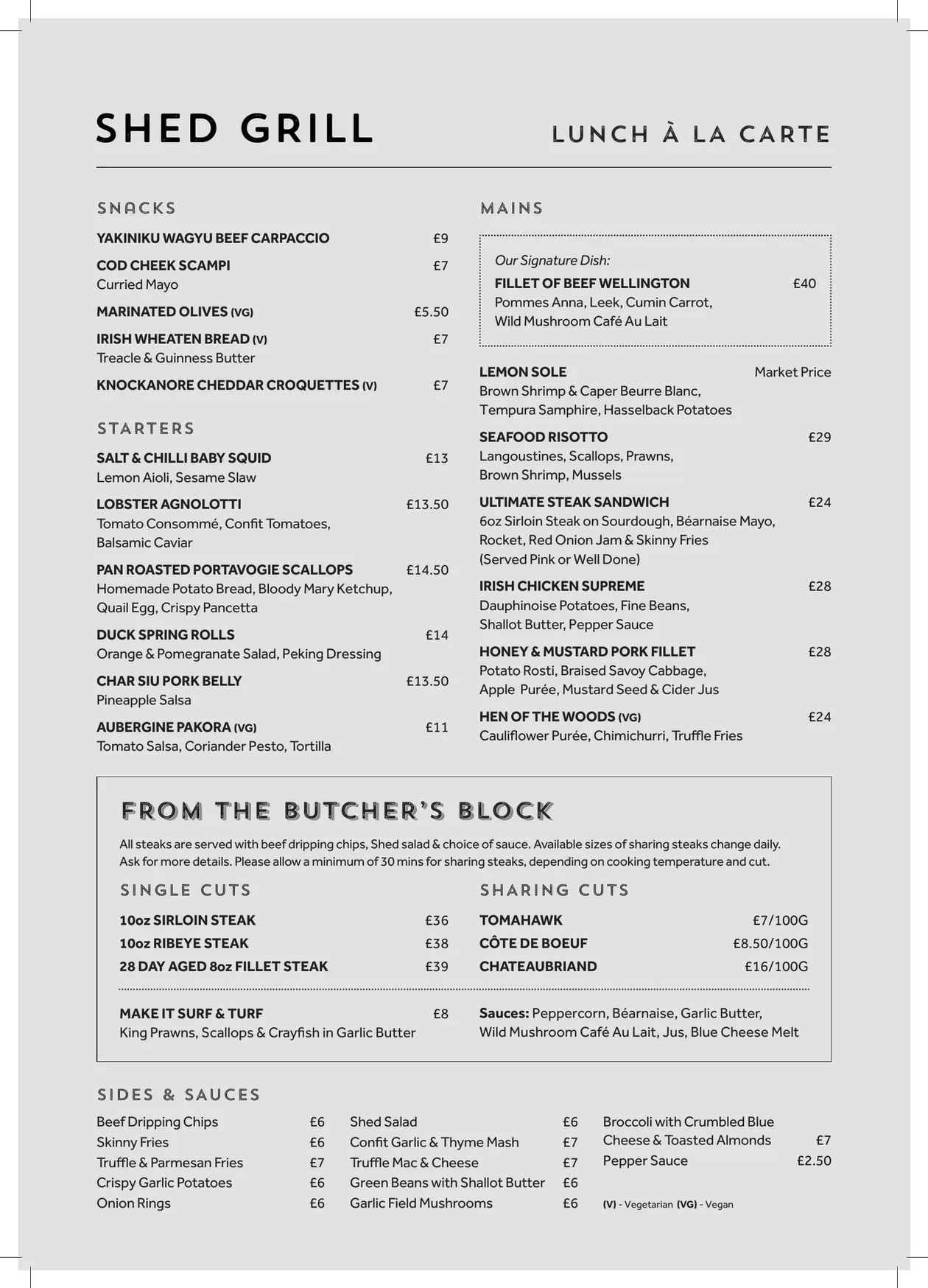 Shed Grill & Seafood menu, page 1