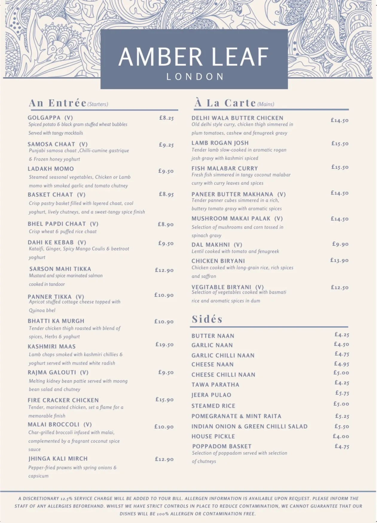 Amber Leaf menu, page 1