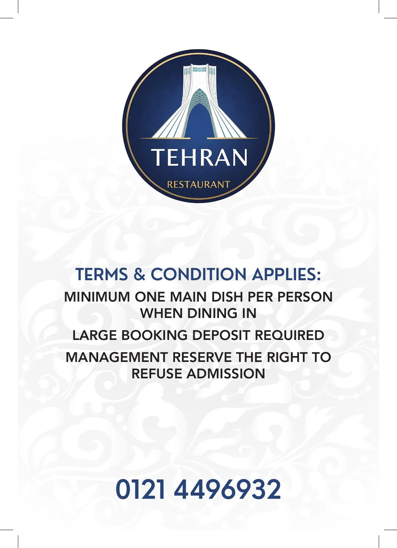 Tehran Restaurant Moseley menu, page 1