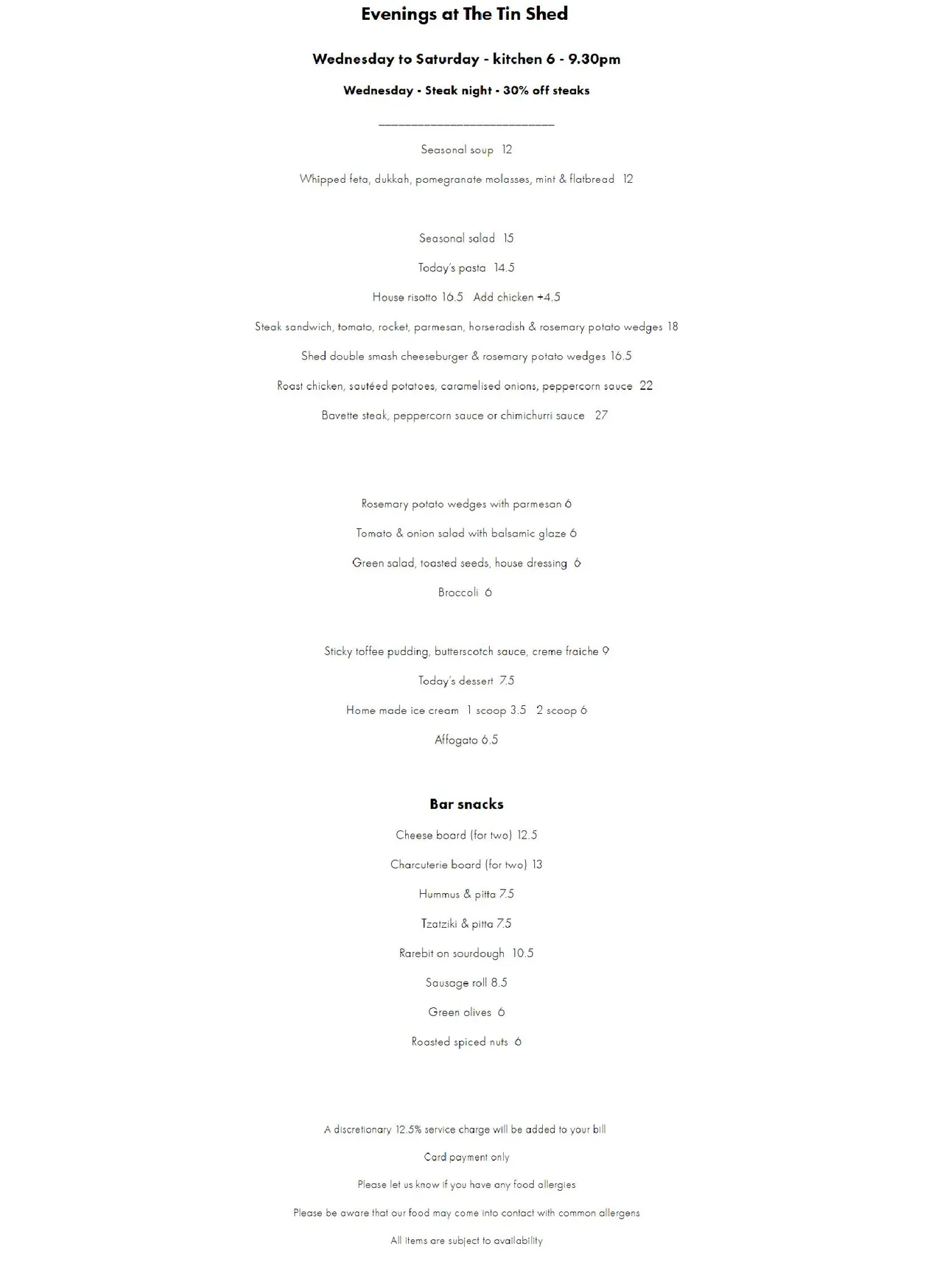 The Tin Shed menu, page 1