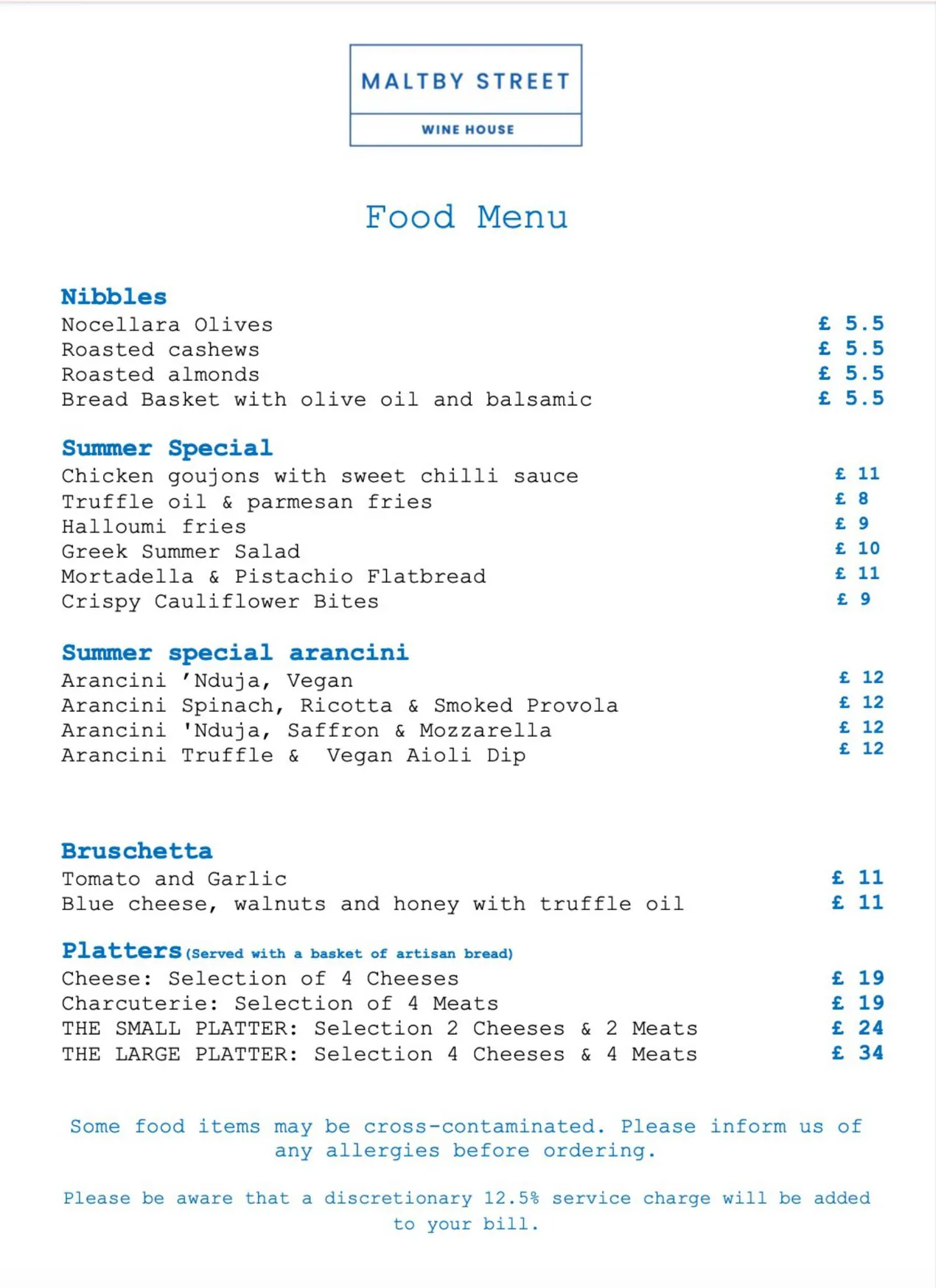 Maltby Street Wine House menu, page 1
