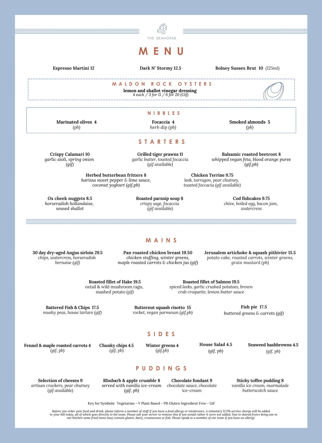 The Seahorse menu, page 1