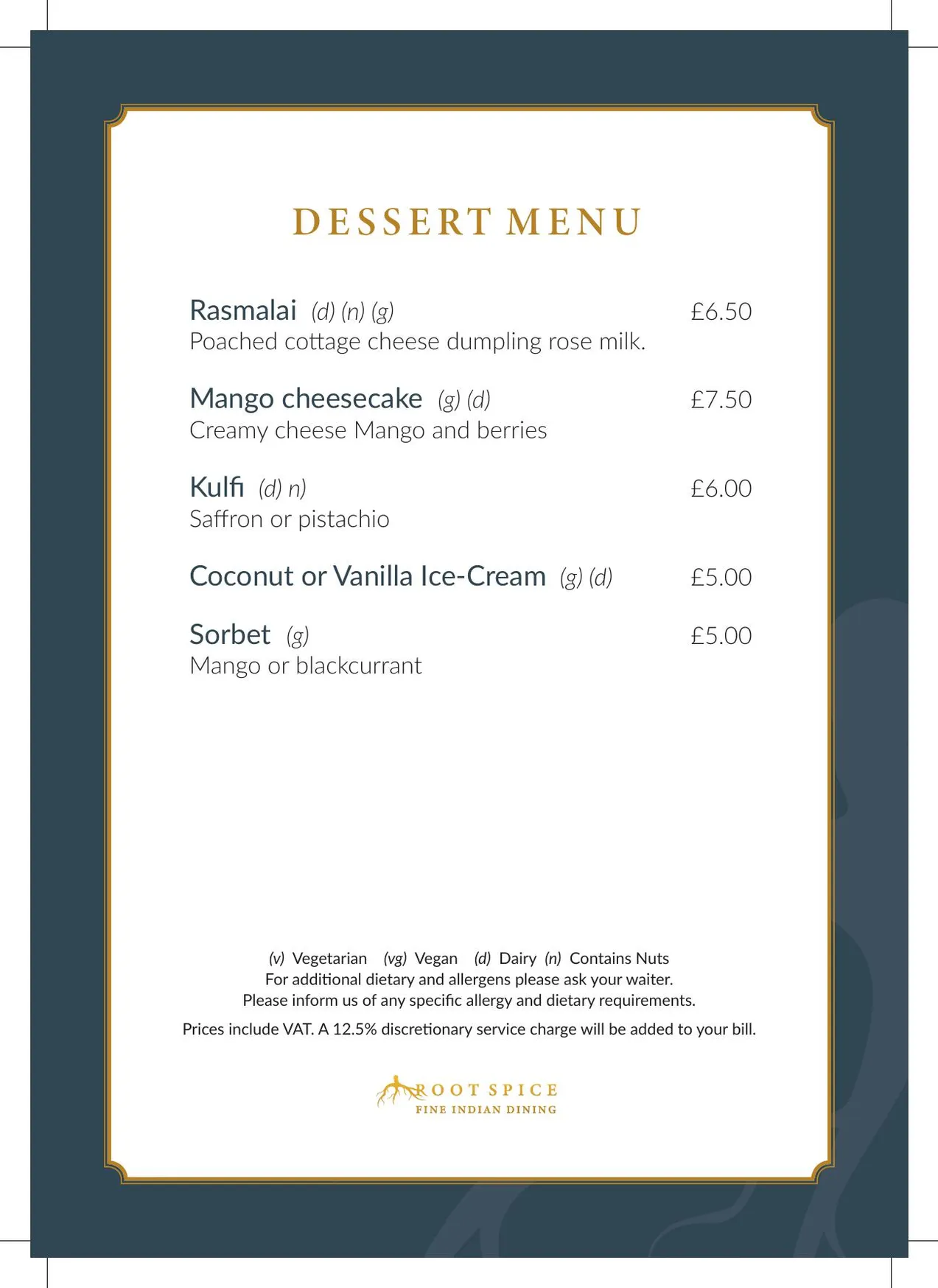 Root Spice menu, page 1