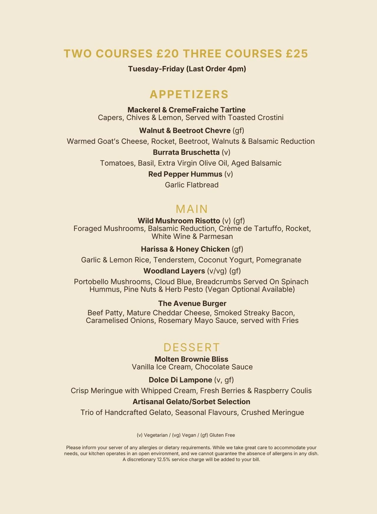 The Avenue menu, page 2