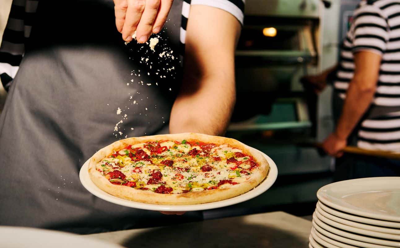 Enjoy Italian, Pizza, Vegetarian options, Restaurant, Highchairs available, Table service, Indoor & outdoor seating, $$, Groups and Families cuisine at PizzaExpress Leeds Arena in Arena Quarter, Leeds