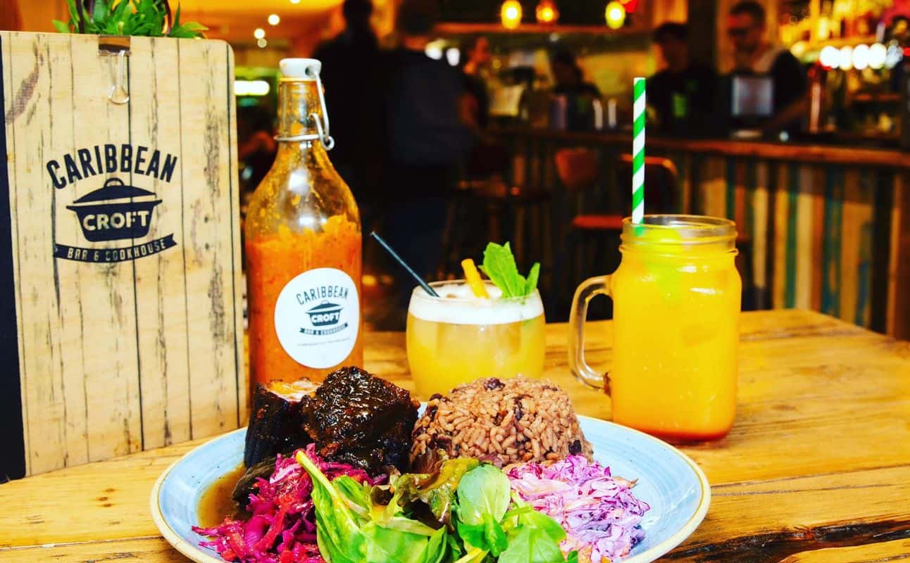 Enjoy Caribbean, Gluten Free options, Vegan options, Vegetarian options, Restaurant, Late night, Highchairs available, Table service, Free wifi, Indoor & outdoor seating, Wheelchair accessible, $$, Families, Groups and Special occasion cuisine at Caribbean Croft in Stokes Croft, Bristol
