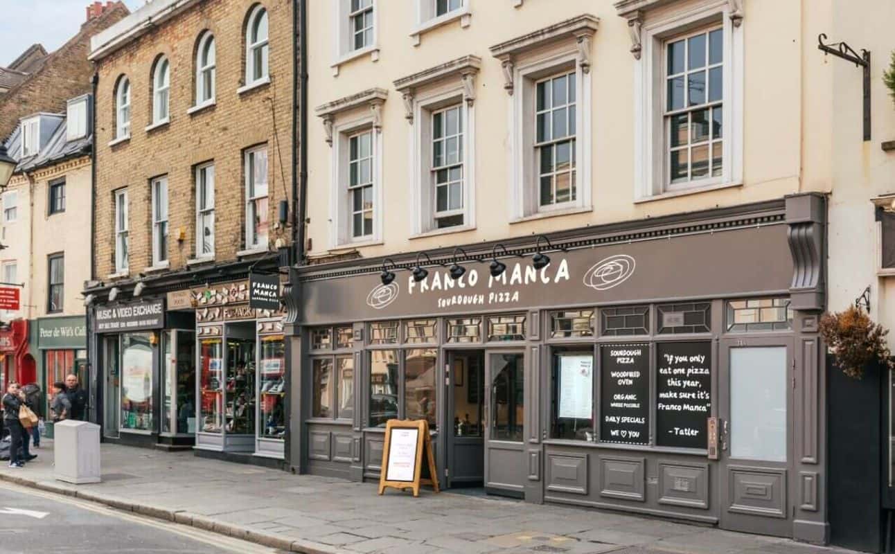 Enjoy Italian, Pizza, Gluten Free options, Vegan options, Vegetarian options, Restaurant, Highchairs available, Indoor & outdoor seating, Table service, Dog friendly, Child friendly, Free wifi, $$, Families and Groups cuisine at Franco Manca Greenwich in Greenwich, London