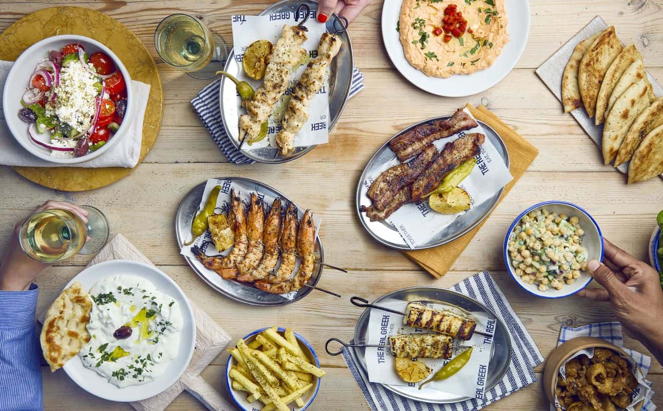 Enjoy Greek, Mediterranean, Vegan options, Vegetarian options, Restaurant, Free wifi, Highchairs available, Non-smoking, Indoor & outdoor seating, Table service, Wheelchair accessible, $$, Groups, Families and Special occasion cuisine at The Real Greek Corn Exchange Manchester in Manchester City Centre, Manchester
