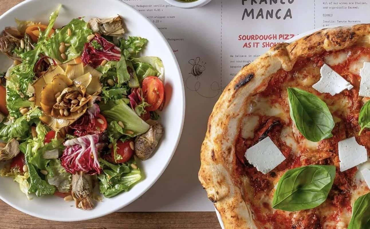 Enjoy Italian, Pizza, Gluten Free options, Vegan options, Vegetarian options, Restaurant, Highchairs available, Indoor & outdoor seating, Table service, Dog friendly, Child friendly, Free wifi, $$, Families and Groups cuisine at Franco Manca Greenwich in Greenwich, London