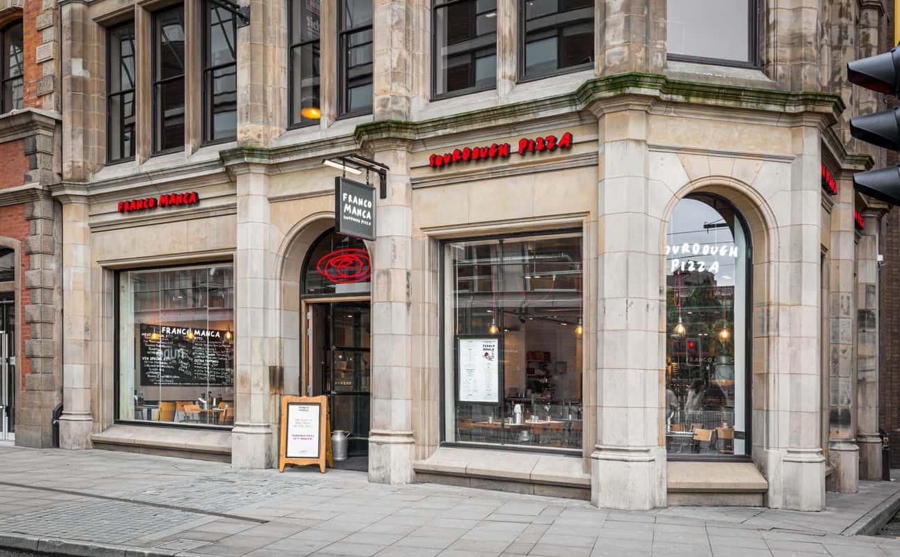 Enjoy Italian, Pizza, Gluten Free options, Vegan options, Restaurant, Table service, Highchairs available, $$, Groups and Families cuisine at Franco Manca Piccadilly Gardens in Piccadilly, Manchester