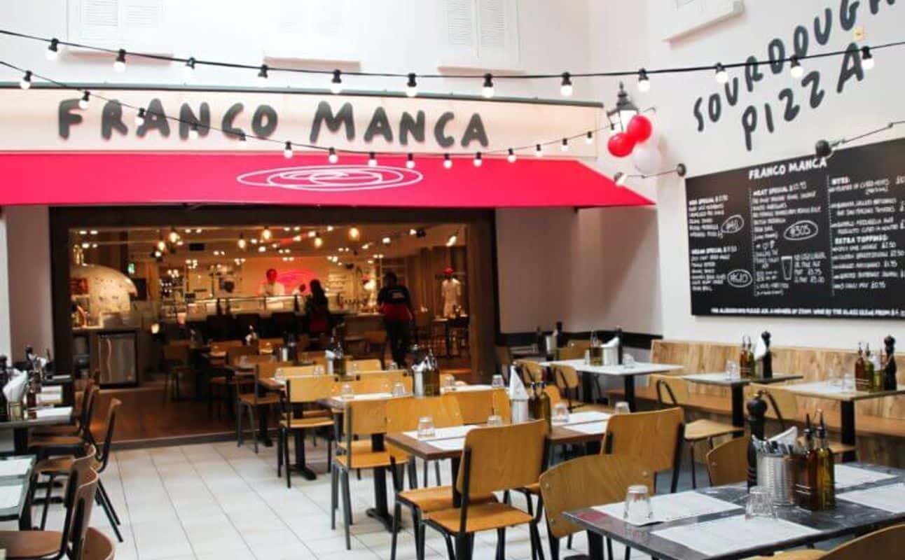 Enjoy Italian, Pizza, Vegetarian options, Vegan options, Gluten Free options, Restaurant, Street parking, Highchairs available, Non-smoking, Table service, Wheelchair accessible, $, Families and Groups cuisine at Franco Manca Trafford Centre in Stretford, Manchester