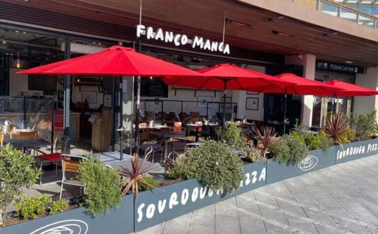 Enjoy Italian, Pizza, Gluten Free options, Vegan options, Vegetarian options, Restaurant, Free wifi, Highchairs available, Indoor & outdoor seating, Table service, Wheelchair accessible, $$, Groups and Families cuisine at Franco Manca Westquay in West Quay, Southampton
