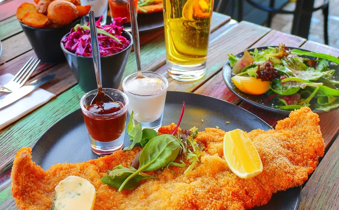Enjoy Mediterranean, European, Austrian, Vegetarian options, Vegan options, Halal, Gluten Free options, Restaurant, Free wifi, Highchairs available, Indoor & outdoor seating, Table service, Wheelchair accessible, $$, Families and Groups cuisine at Pera Schnitzel Garden in Islington, London