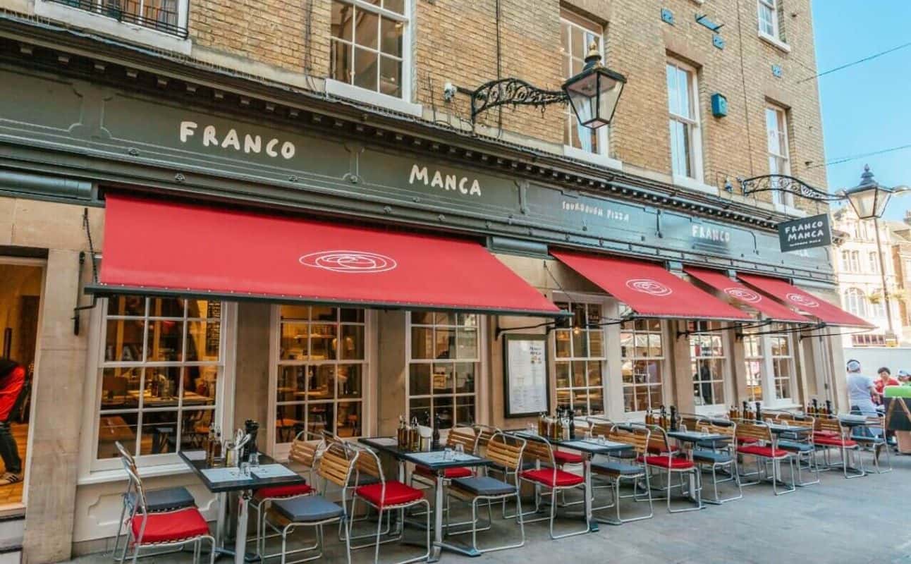 Enjoy Italian, Pizza, Gluten Free options, Vegan options, Vegetarian options, Restaurant, Highchairs available, Indoor & outdoor seating, Table service, $$, Families and Groups cuisine at Franco Manca Cambridge in Cambridge City Centre, Cambridge