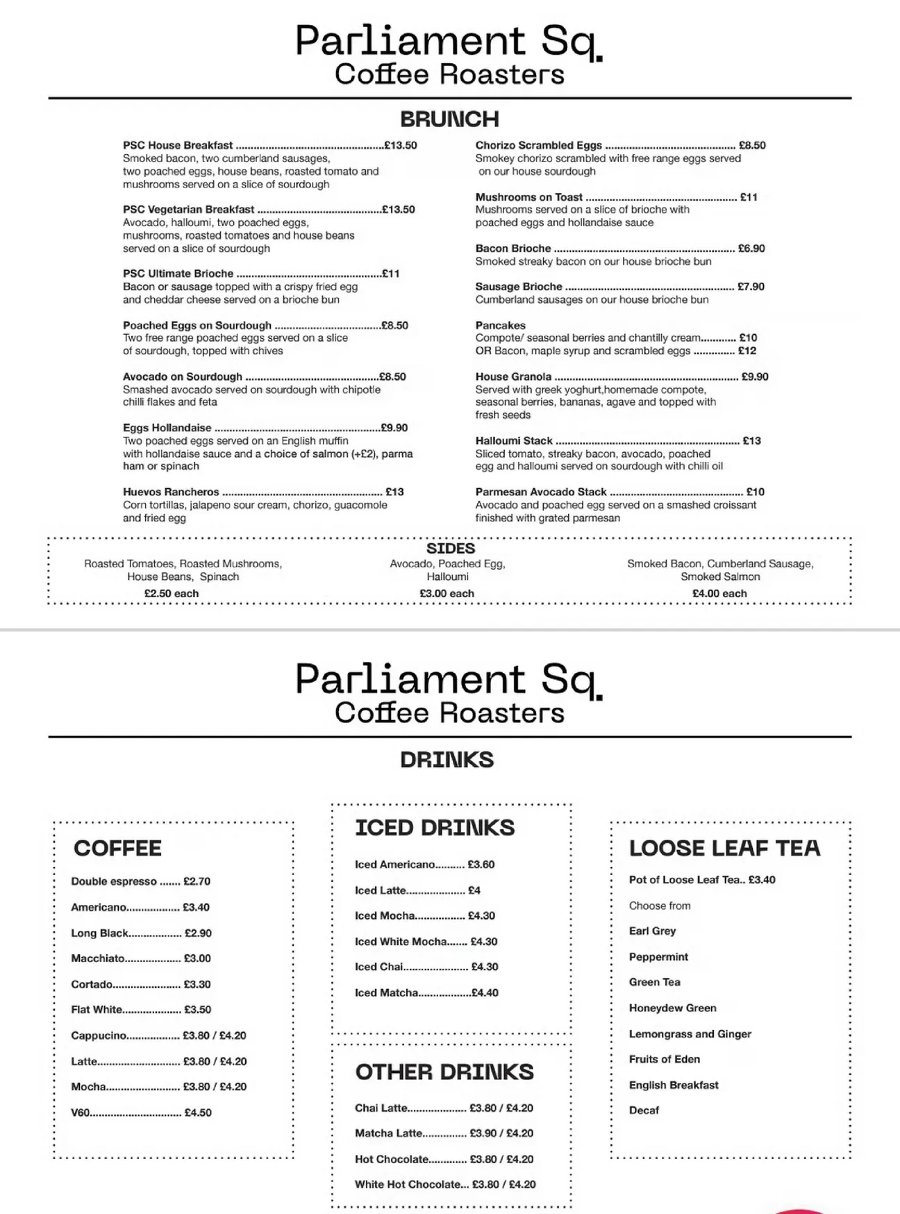 Parliament Square Coffee - Cook Street menu, page 1