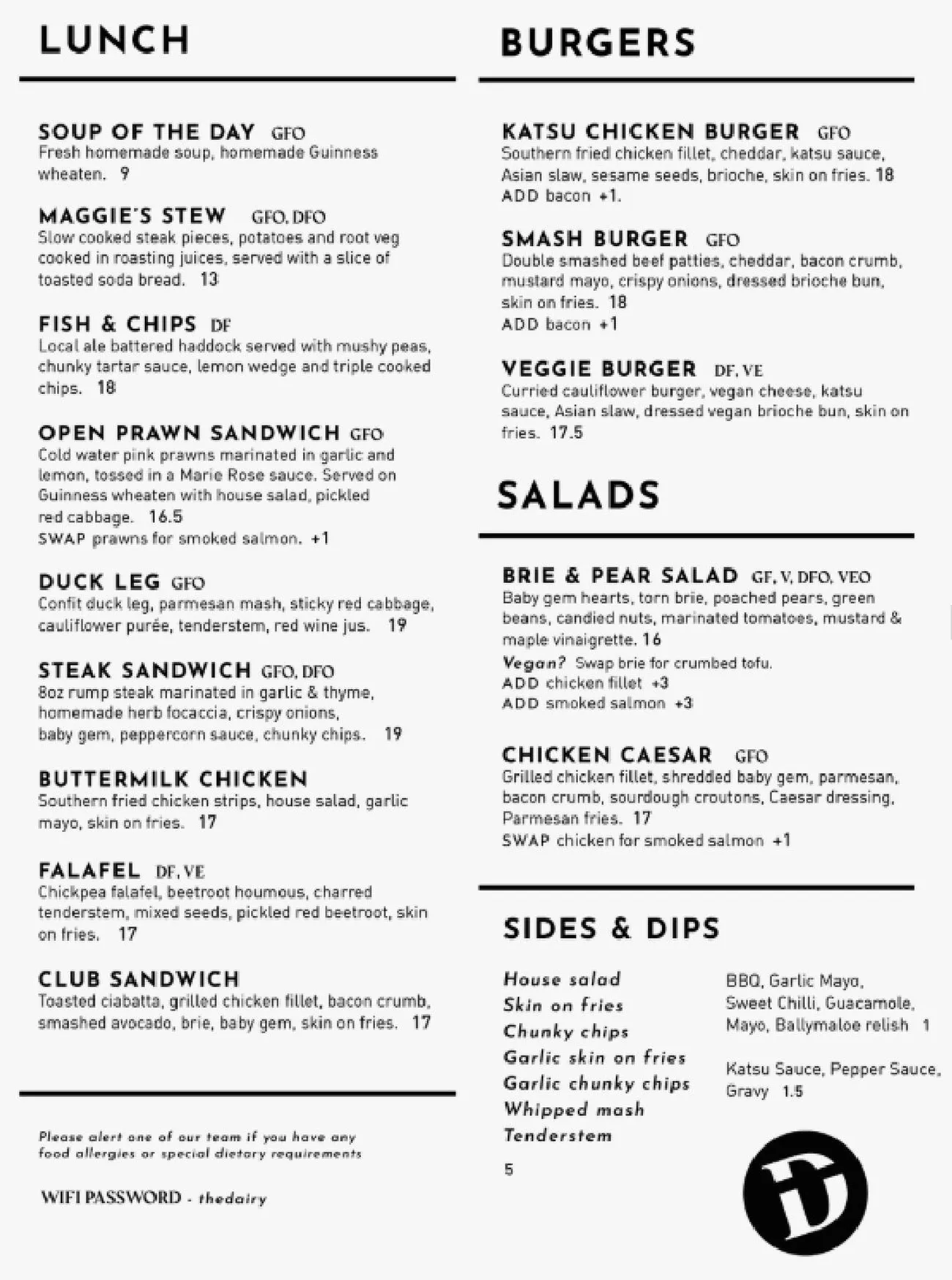 The Dairy menu, page 2