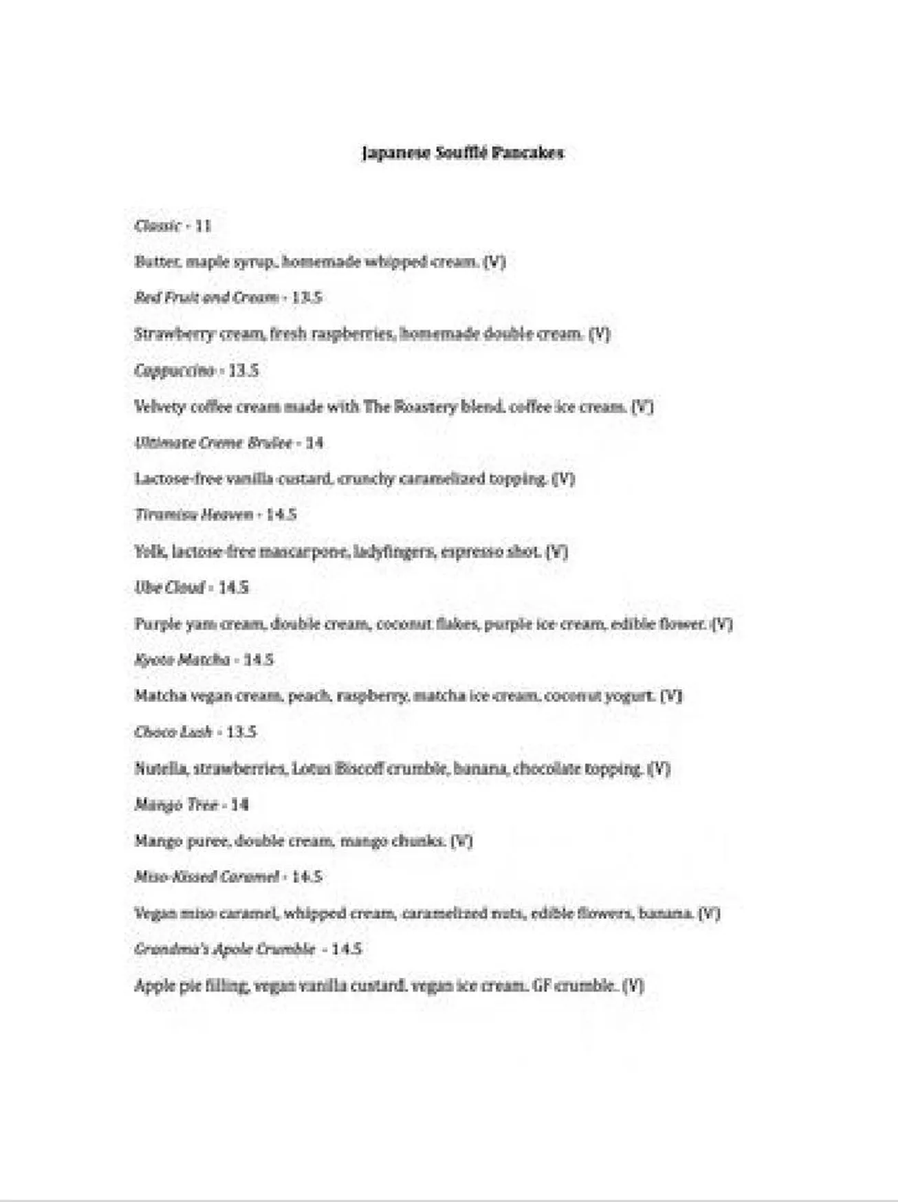 CA Japanese Pancakes Chiswick menu, page 1